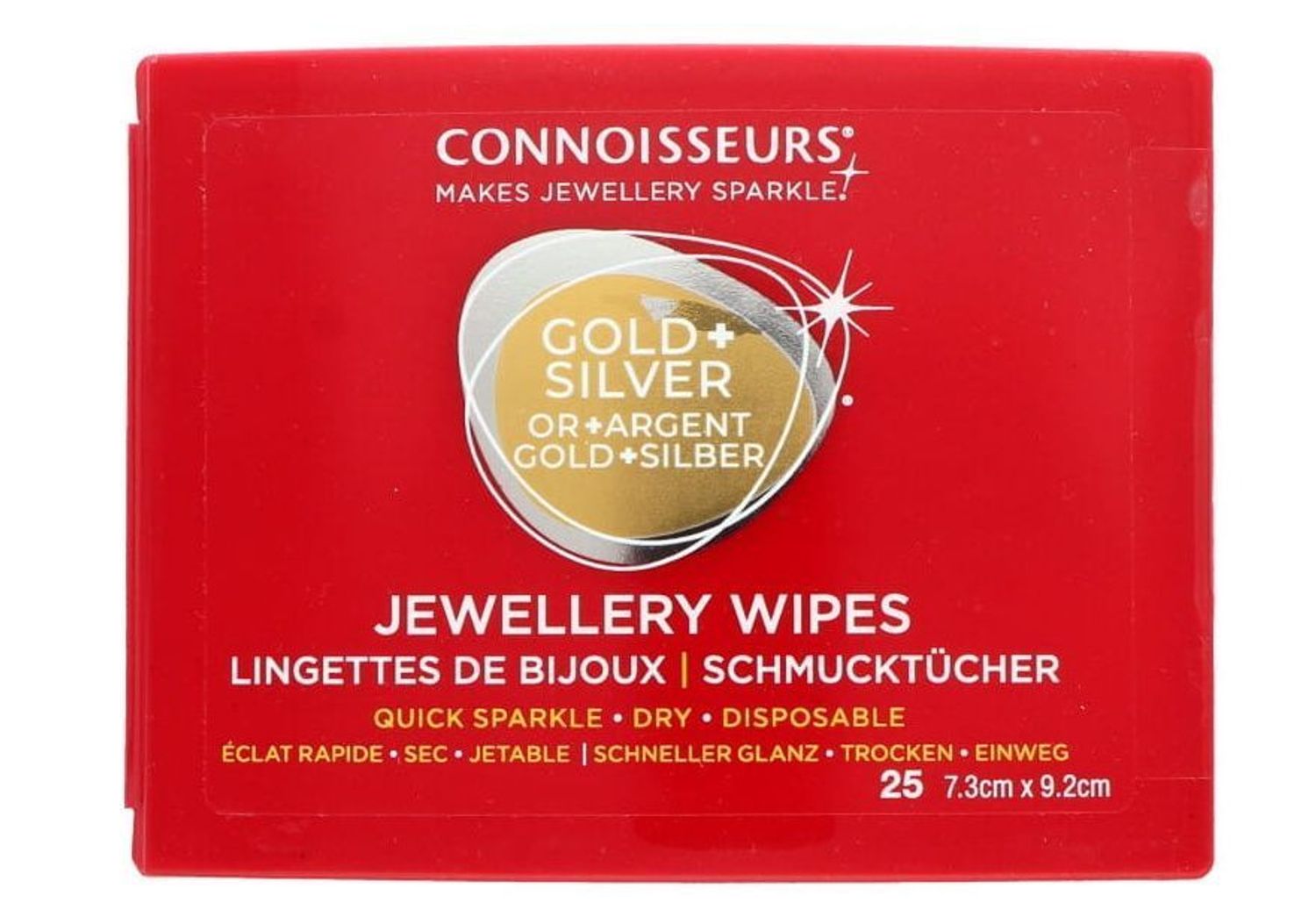 Chusteczki do Czyszczenia Biżuterii, Srebra, Złota Connoisseurs. Chusteczki Jewellery Wipes to szybki sposób na czyszczenie złota, srebra i zegarków. Jednorazowe, suche, z warstwą ochronną. 25 sztuk w opakowaniu – idealne na.jpg